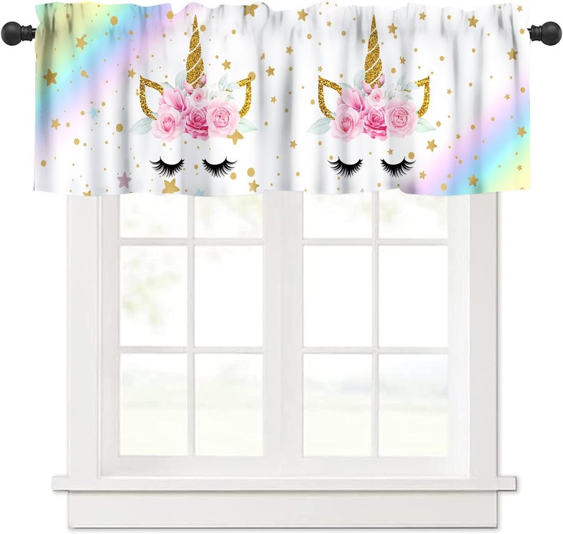 AAVEUP Unicorn Girls Valance Curtain Cartoon Ombre Rainbow Dream Pink Gold Princess Unicorn Stars Colorful Cake Window Treatment Valances Curtains for Kids Nursery Bedroom Living Room 54x18In - Image 1